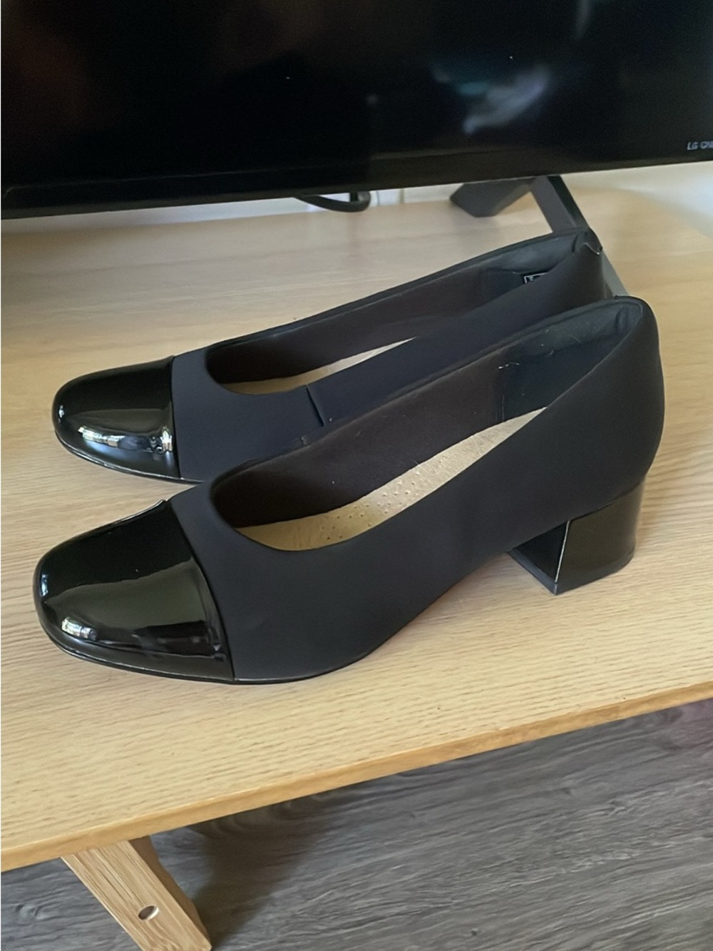 Clarks Black Low Block Heel Pumps with Patent Cap Toe